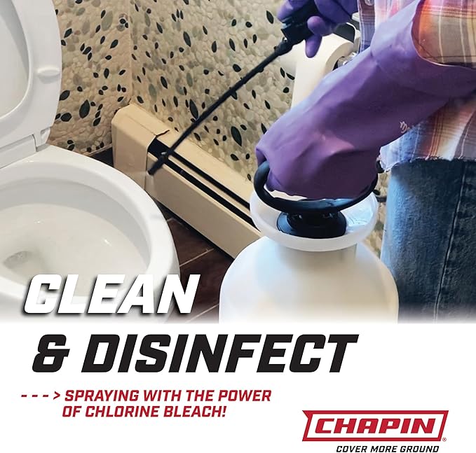 Chapin 22074: Made in The USA Disinfectant Bleach Pressure Pump Tank Sprayer, 2-Gallon, Adjustable Cone Nozzle, Compatible with Bleach Solutions and Fungicides, Translucent White