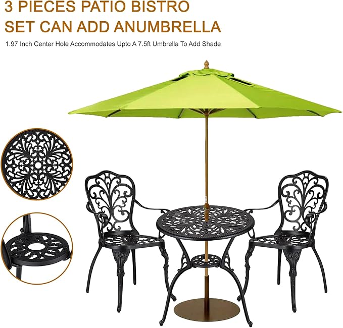 3 Piece Bistro Set, Outdoor Bistro Table and Chairs Set of 2, Rust-Resistant Cast Aluminum All Weather Patio Outdoor Bistro Set with Umbrella Hole for Backyard, Balcony, Front Porch, Black