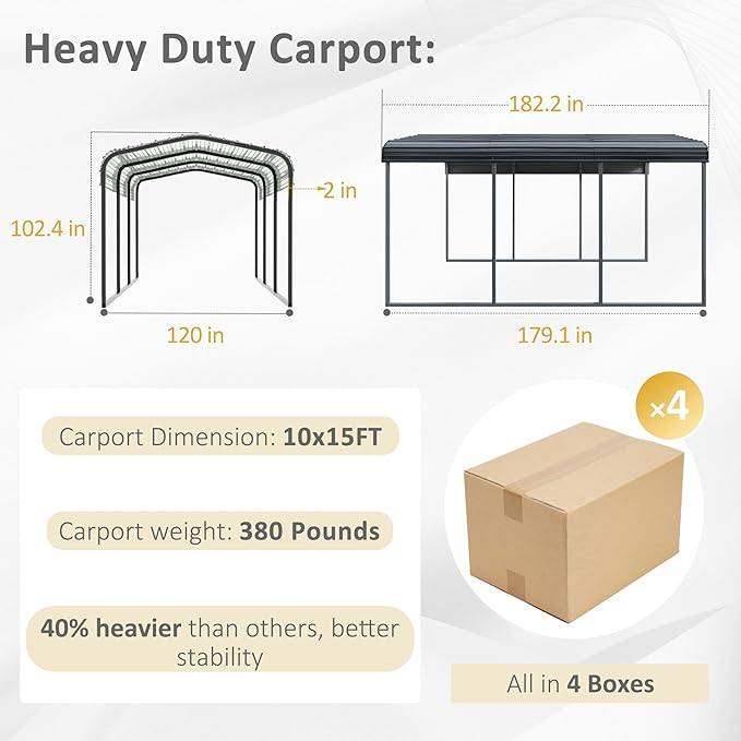 MUPATER 10 x 15 FT Heavy Duty Metal Carport, Outdoor Garage Car Shelter Shade with Heavier Metal Frame, Metal Roof and Bolts for Car, and Boats, Grey