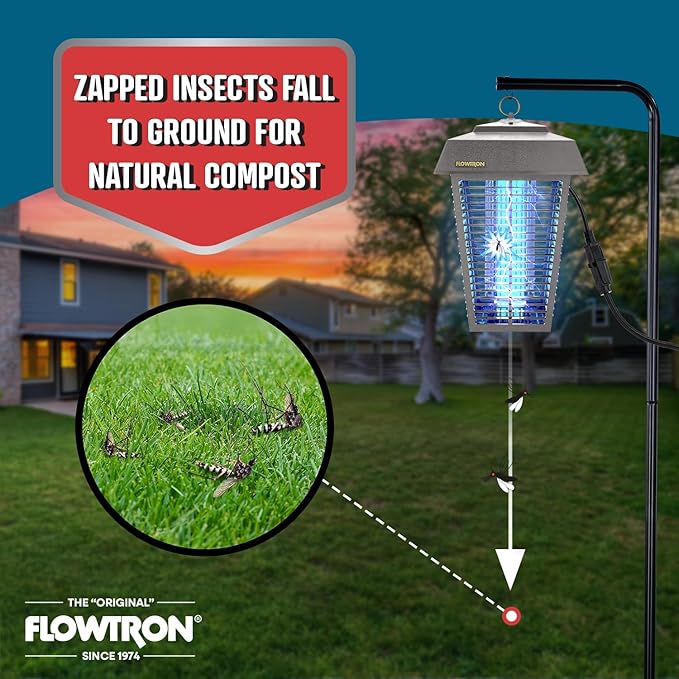 Flowtron Bug Zapper, 1-1/2 Acre of Outdoor Coverage with Powerful 80W Bulb & 5600V Instant Killing Grid, Electric Insect, Fly & Mosquito Zapper, Made in The USA, UL Certified - Grey Color