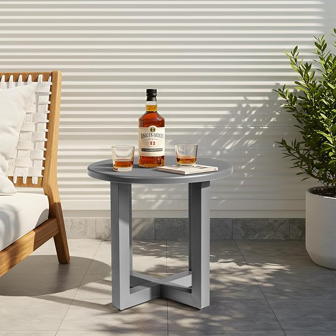VINGLI Round Outdoor Side Table, Small Metal Outdoor Table Patio End Tables for Balcony, Porch, Garden and Poolside (Grey)