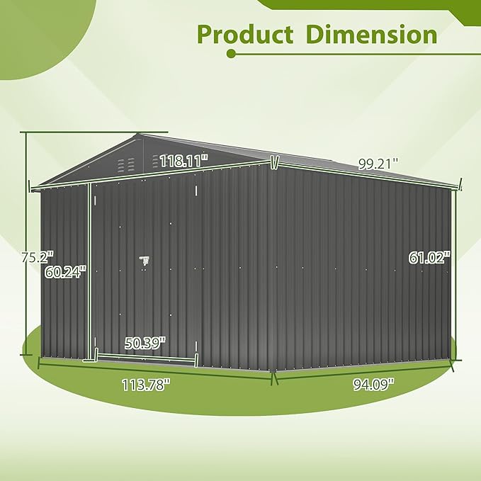 10X8 FT Outdoor Storage Shed, All Weather Metal Sheds with Lockable Doors, Tool Shed for Garden, Patio, Backyard, Lawn (Black with Floor Frame, 10x8ft)