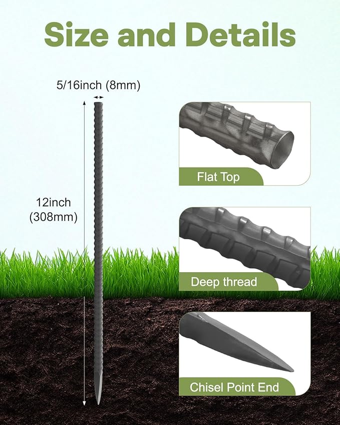50 Pcs 12 Inch Ground Rebar Stakes, Heavy Duty 5/16'' Diameter Metal Spikes for Fence Tent Timber Garden Plant, Long Straight Steel Concrete Stakes Ground Anchors with Chisel Point End