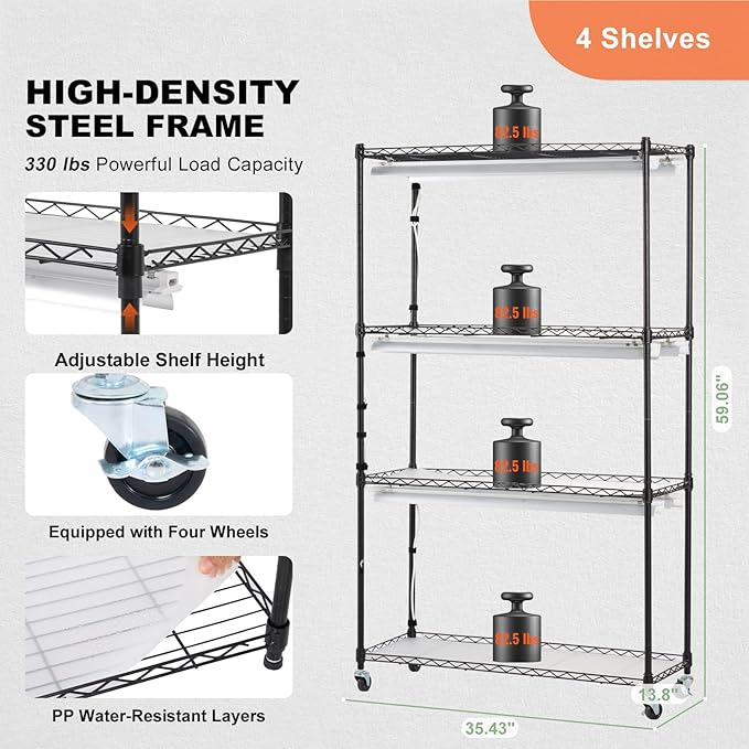VEVOR Plant Stand with Grow Light, 4 Tiers Plant Shelf with 3000K 180W LED Full Spectrum Light for Indoor Plants, Grow Light Shelf with Timer for Seed Starting 35.4" L x 13.8" W x 59.1" H