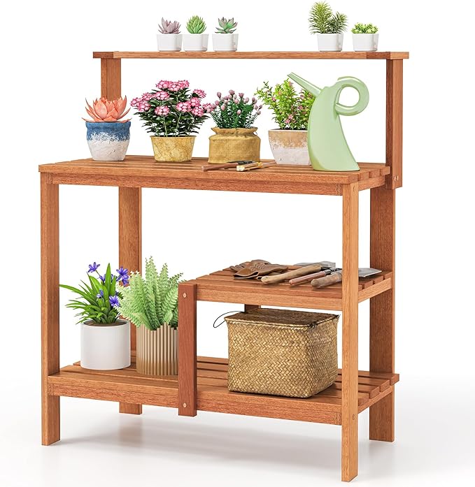 Happygrill Potting Bench Table, Outdoor Wood Work Bench with Storage, Open Shelves & Teak Oil Finish, Patio Horticulture Garden Table for Backyard, Balcony, Natural
