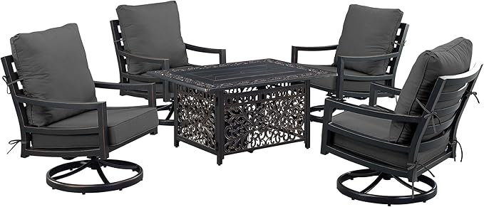 Oakland Living Black Aluminum Patio Fire Table Set with Four Club Chairs with Black Cushions