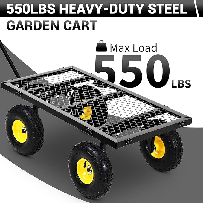 Heavy Duty Steel Garden Cart, 550LBS Pullable Metal Garden Wagon with 10" Wheels, 180° Rotating Handle and Removable Sides for Outdoor, Farm, Yard, Beach 
