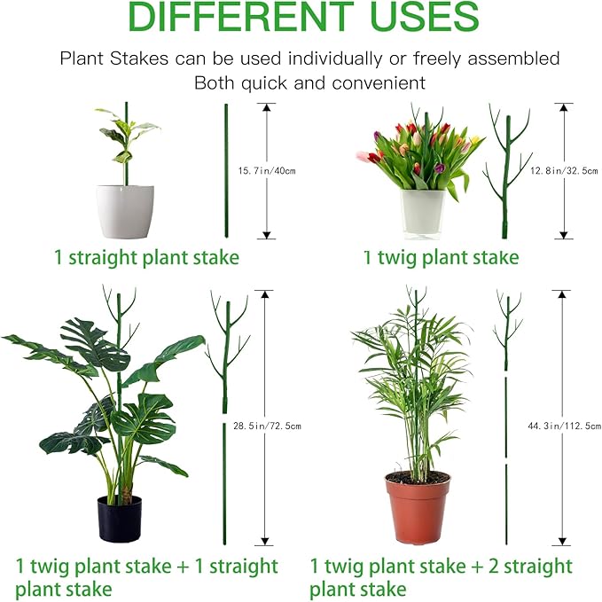 Plant Support Stakes Set 6 Pack 28.5" Detachable Twig Monstera Plant Support Sticks with Dragonfly Clips Orchid Clips, Stackable Green Branch Trellis for Climbing Potted Plants Indoor Outdoor