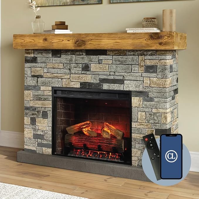 Country Living - Dixson Fireplace Mantel Package, 28β Fireplace Insert, Stone Brick Mantel Surround, Alexa/WiFi Enabled, 1500W