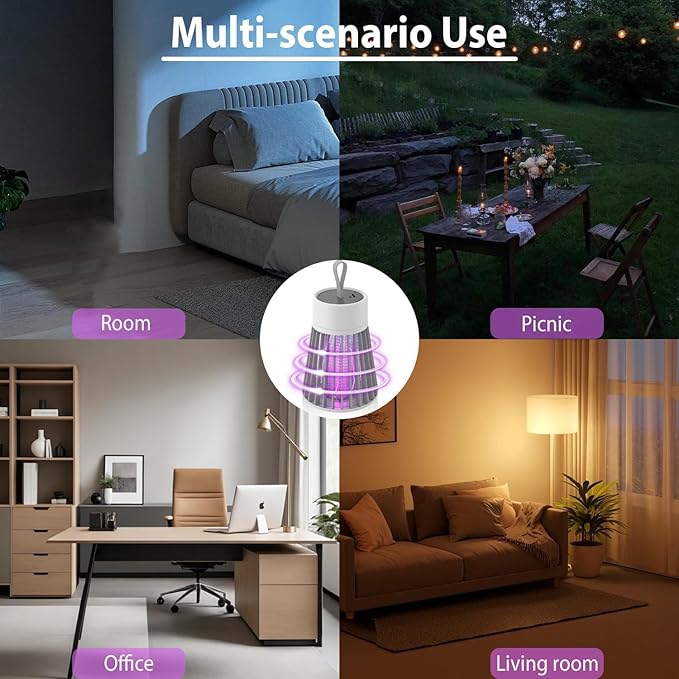 Bug Zapper Rechargeable, Hangable Mosquito Killer Lamp - Portable UV Insect Gnat Trap for Outdoor/Indoor, USB-Powered with Grid for Camping, Bedroom, Patio, Kitchen