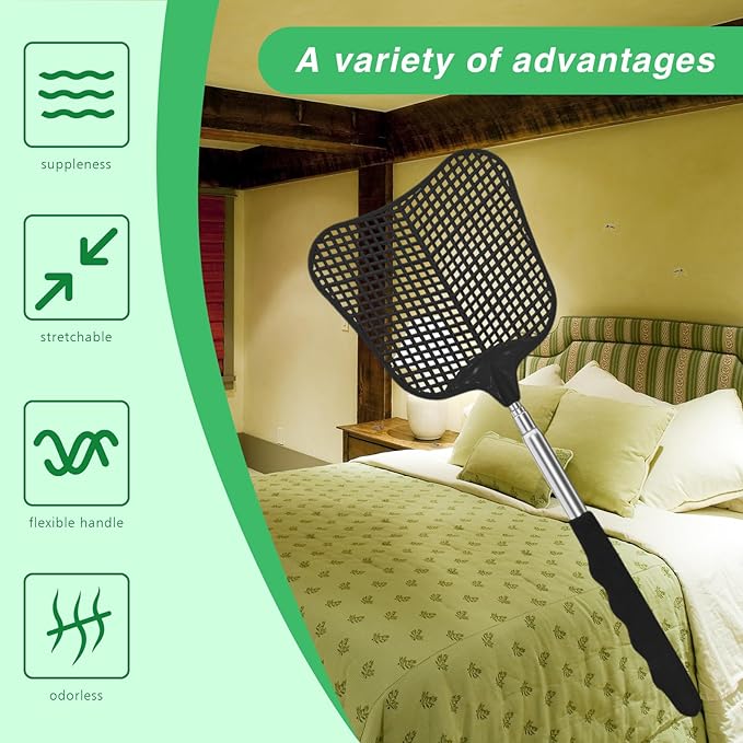MYSTICHOME Fly Swatter 4 Pack, Durable Heavy Duty Plastic Fly Swatters, Stainless Steel Telescopic FlySwatter for Indoors/Outdoor/Kitchen/Garden (4 PCS Black)