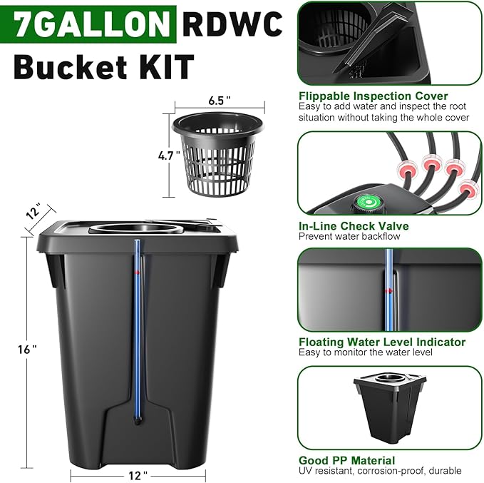 RDWC Hydroponics Grow System 4 Site + Reservoir, 7-Gallon Top Drip Recirculating Deep Water Culture Hydroponic Bucket System, Hydroponics Growing System Kit with Water Pump, Air Pump