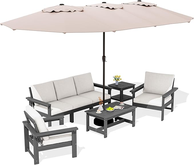 SERWALL HDPE Patio Furniture Set with 15FT Double Side Patio Umbrella, 7-Piece Outdoor Modular Sectional Sofa Set, All Weather Patio Couch Set for Deck, Lawn, Gray & Beige(Umbreall Base not Included)