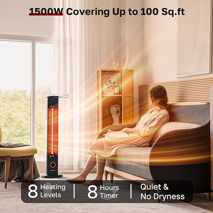 Outdoor Electric Patio Heater, ThermoMate 1500W Freestanding & Wall-mounted Infrared Heater with Remote, 8 Heat Levels, 8H Timers, Tip-Over & Overheat Protection, IP65 Waterproof Tower Space Heater