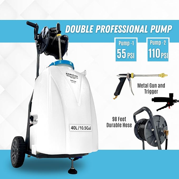 10.5 Gal Battery Powered Sprayer with Double Professional Pump with Wheels, Multifunctional and Portable Weed Sprayer for Lawn & Garden with Adjustable HD Wand and Nozzles