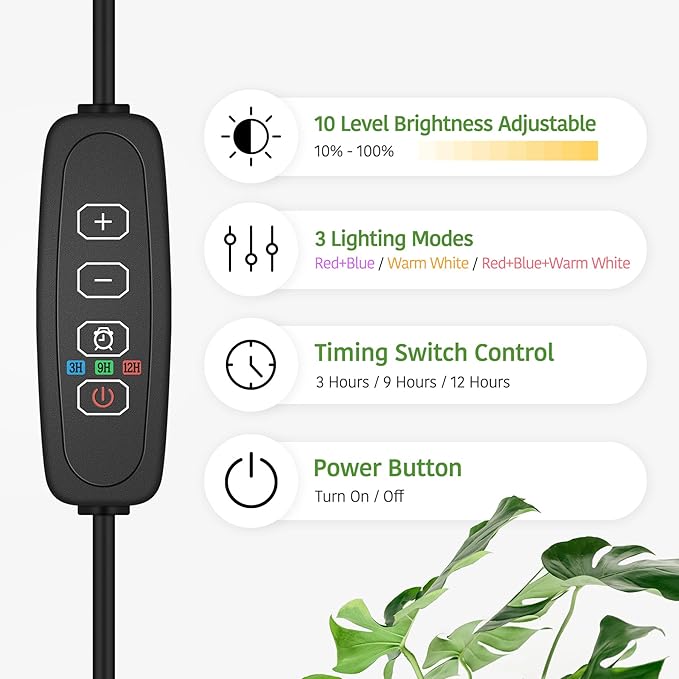 Desk Grow Lights for Indoor Plants, Red Blue UV Full Spectrum Desktop LED Plant Growing Lamps, Height Adjustable 14-24inch, 3/9/12H Auto Timer,10 Levels Dimmable, Black Table Growth Light