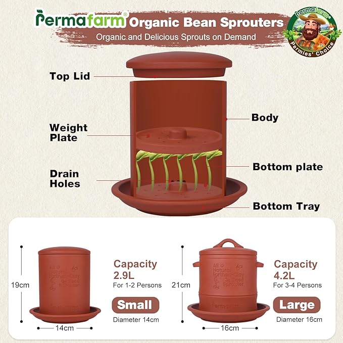 Permafarmยฎ Organic Bean Sprouter, Natural Earthen-Clay Mung Bean Sprouter, Sprouts Growing Kit for Soybeans, Broccoli, Alfalfa & More | Lead-Free, Cadmium-Free (Small Size for Individuals or Couples)