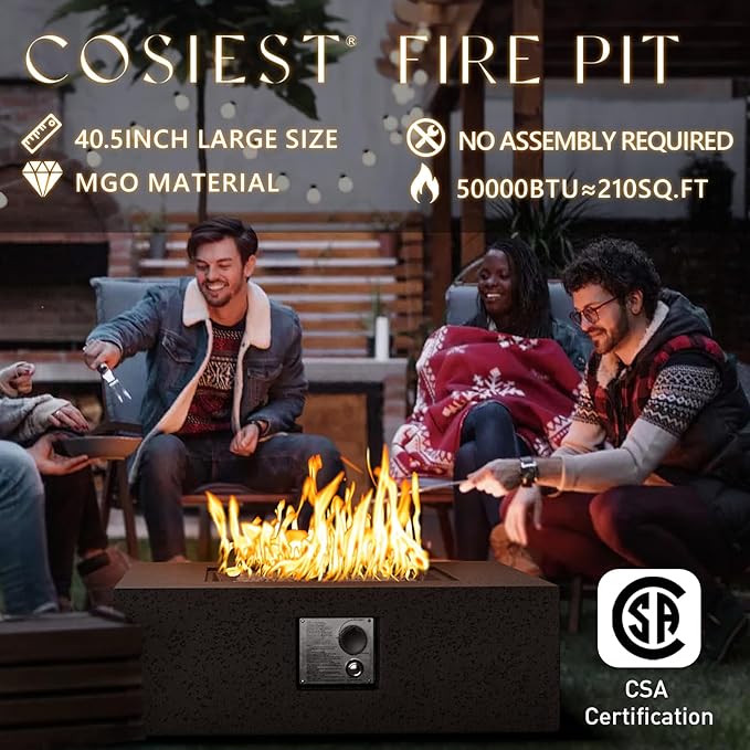 COSIEST Outdoor Propane Fire Pit Coffee Table w Square Faux Stone 35-inch Base, CSA Certified, 50,000 BTU Stainless Steel Burner, Free Lava Rocks and Rain Cover,Tank Cover, Stone Bronze