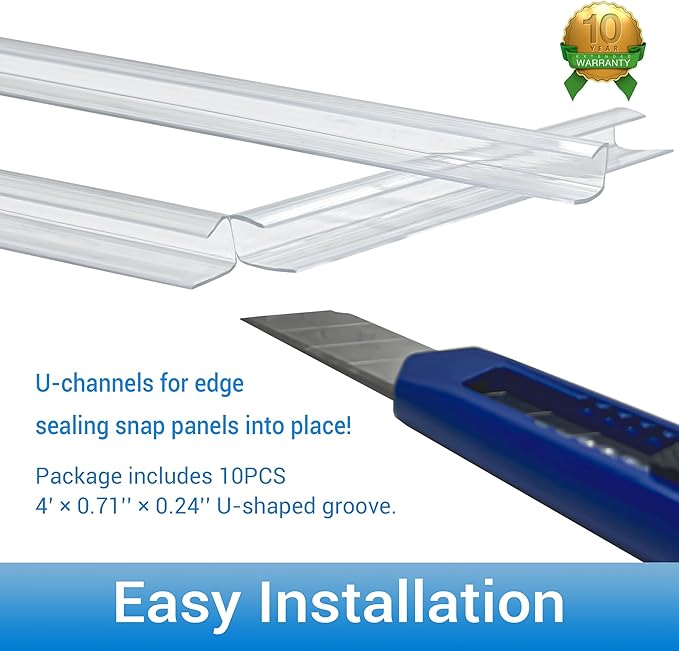 10 PCS Polycarbonate Greenhouse U Connector Profile 4ft Length Fits 0.16’’ & 0.24’’ Twin-Wall Polycarbonate Panels Duty Dust Rain & Moisture Protection Durabler (U-Clip 4' × 0.71’’ × 0.24’’)