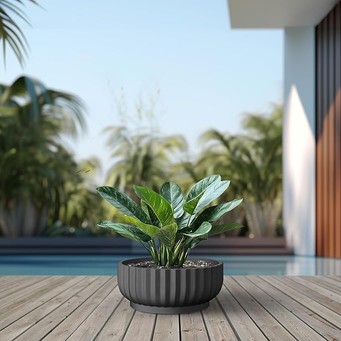 Kante Round Fulted Bowl Planter, 20.9 Inch Dia Large Concrete Flower Pots with Drainage Hole and Rubber Plug, Suitable for for Indoor Outdoor Plants, Home, Patio, Garden, Black
