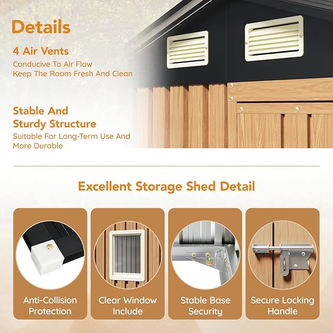 6X4FT Garden Storage Shed with Frame Floor & Lockable Door,Steel Tool Shed with 1 Clear Window, Anti-Corrosion Metal Shed for Backyard Patio Lawn (Light Wood Grain)