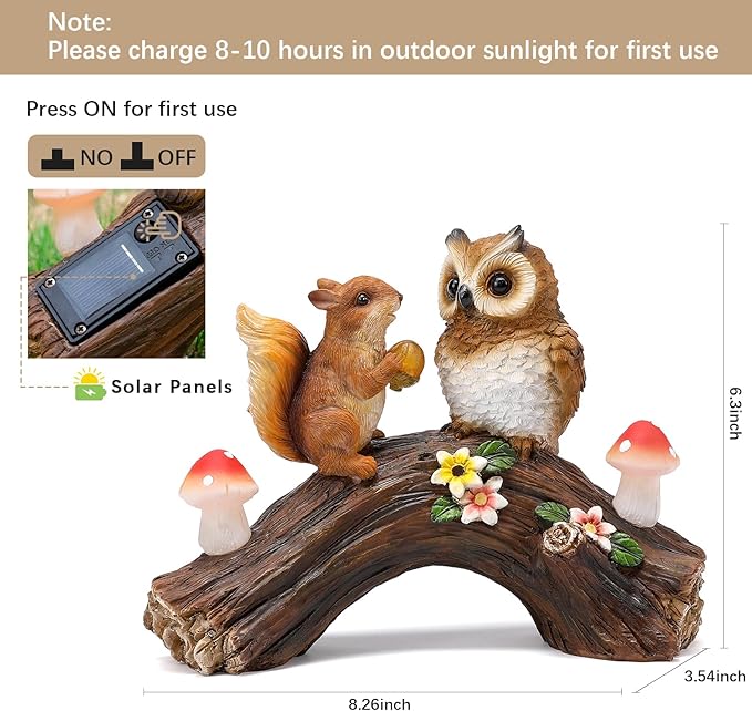 Solar Owl Garden Statues Outdoor Decor Resin Owl Squirrel Figurine with Mushroom Lights for Patio Lawn Yard Decorations Halloween Christmas Housewarming Gardening Gifts for Women Mom