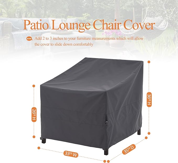 Patio Chair Cover, Outdoor Lounge Cover, Heavy Duty, Waterproof Lawn Patio Chair Covers, 33W x 35D x 36H, Grey, 2-Pack