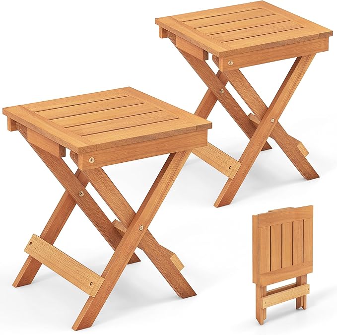 Tangkula Outdoor Folding Side Table, Wood Patio Bistro Table with Slatted Tabletop & X-Shaped Legs, Portable Square Coffee Table for Garden, Poolside, Camping, Picnic, 14" x 14" x 18" (2, 14 inches)