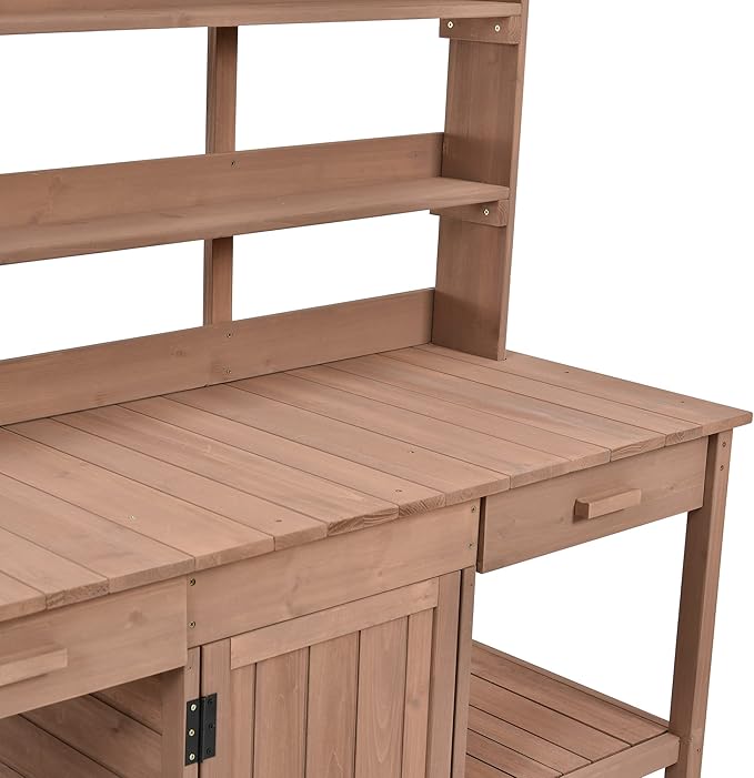 66" Outdoor Potting Bench Workstation - Farmhouse Style Wooden Garden Table with Drawers, Cabinet & Open Shelves (Brown + Solid Wood + originalwood)