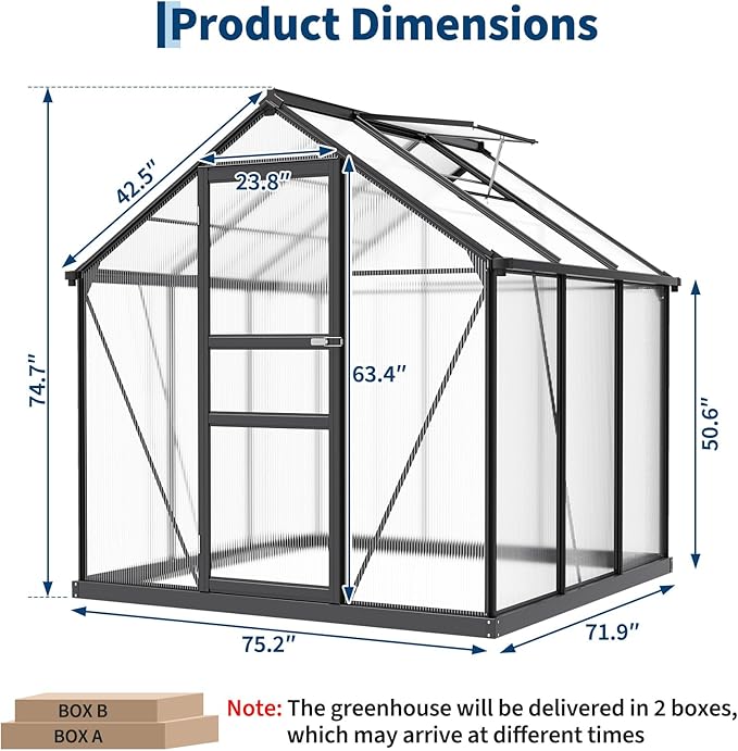 Greenhouse, 6×6FT Greenhouses for Outside, Polycarbonate Greenhouse with Aluminum Frame, Lockable Door and Ajustable Roof Vent for Backyard, Green Houses for Outside Garden Backyard, Patio