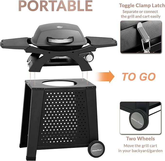 MASTER COOK Single Burner Propane Gas Grill, 11,500 BTU Portable Tabletop Barbecue Grill with Cart for Patio, Camping, Travel