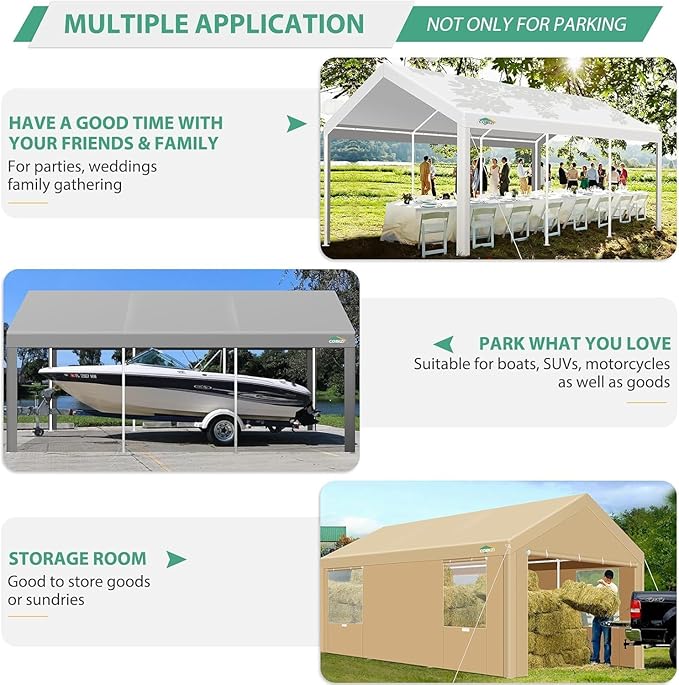 COBIZI Carport 10x20ft Heavy Duty Portable Garage, 2.0 Powder Coated Frame(Better Than Galvanized), Waterproof Shelter with Built-in Sandbags, for Car/Boat/SUV, White
