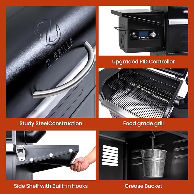 Z GRILLS Wood Pellet Grill & Smoker 8-in-1 Pellet Grill with Automatic Temperature Control,Meat Probes,572 Sq. in Area for Backyard Camping Outdoor Party,Bright Black