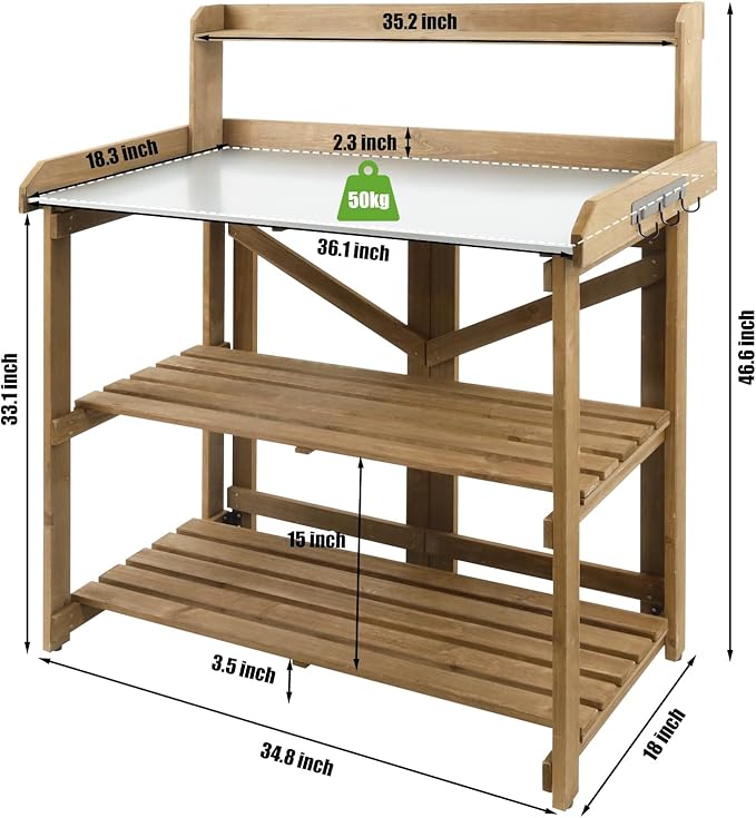 Folding Garden Potting Bench Table,Outdoor Wooden Work Station W/Metal Table Top,2 Tier Open Storage Rack,Top Shelf-Natural Stained