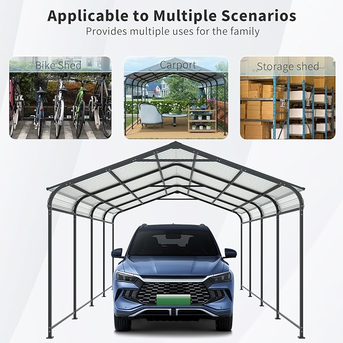 12x21 FT Metal Carport, Heavy Duty Car Port Canopy with Galvanized Steel Roof & Frame, Large Metal Carport Kit, Outdoor Car Garage, Steel Car Shelter for Car, Boat, Truck, Charcoal
