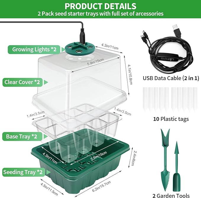 Seed Starter Tray with Plant Light, 4 Pack Grow Lights for Seed Starting Kit with Humidity Domes, Timing Controller Adjustable Brightness for Greenhouse Propagator Station Planting Growing