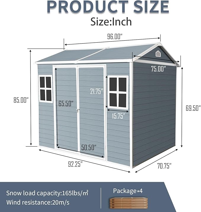 8x6 FT Resin Storage Sheds Outdoor with Floor, 2 Windows & Lockable Door Storage Shed - Waterproof Garden Tool Shed, Patio & Backyard Tool Storage Cabinet Use - Gray