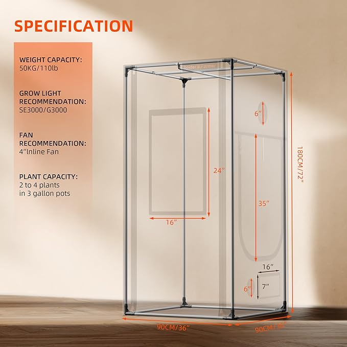 Spider Farmer Pro Series 3x3 Grow Tent, 36"x36"x72" with Roll-up Door, Observation Window Floor Tray, 2000D Thicken Mylar Canvas, 3x3x6 for Hydroponic Indoor Growing for SF4000, SE3000, G3000