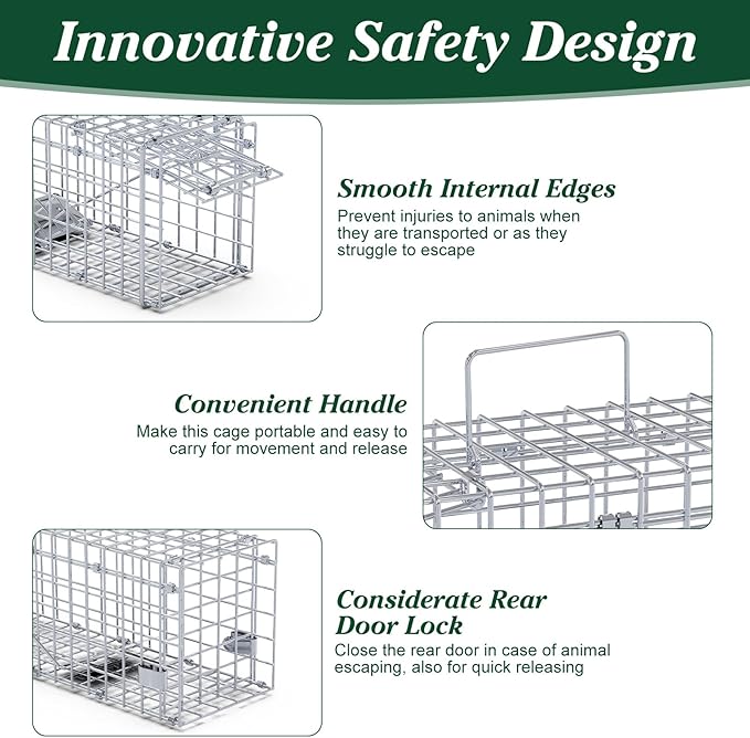 2 Pack Humane Rat Trap, Foldable Single Door Metal Mouse Cage with 2 L-Shaped Rods for Small Squirrel Raccoon Feral and Other Small Live Animals, Easy to Catch and Release, Work for Indoor Outdoor