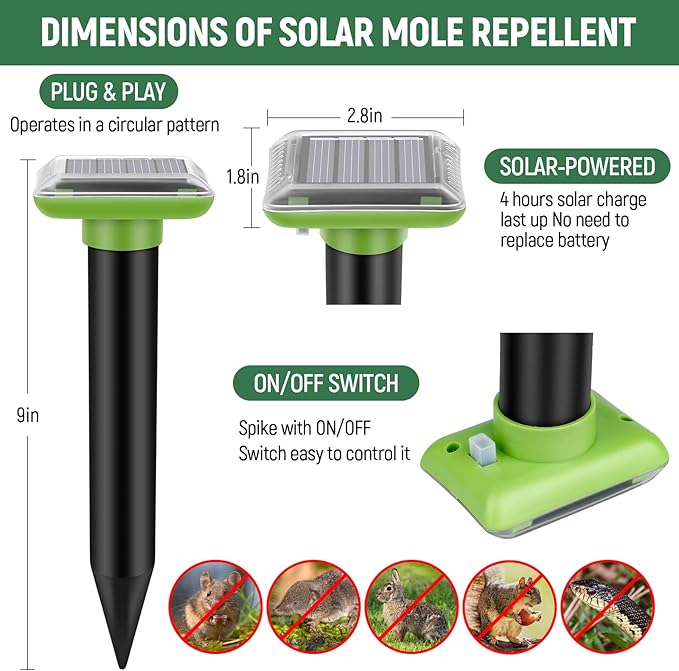 Mole Repellent Solar Powered,2025 Upgraded Vole Repellent Ultrasonic Solar Powered,Mole Repeller Outdoor for Lawns Garden Yard,Gopher Trap Killer for Gopher,Squirrel(6 Pack)