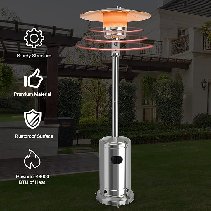 COSTWAY Outdoor Patio Heater, 50000 BTU Propane Heater with Stainless Steel Burner and Wheels, Triple Protection System, Standing Portable Outside Heater for Porch, Deck, Home and Commercial
