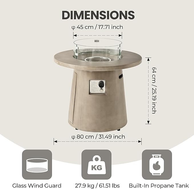 HOMPUS Outdoor Propane Fire Pit, 31-inch Round Gray Propane Fire Pit with 10lbs Aqua Transparent Gray Fire Glass, 40000 BTU Gas Smokeless Fire Pit, Patio Concrete Fire Pit with Lava Rocks & Rain Cover