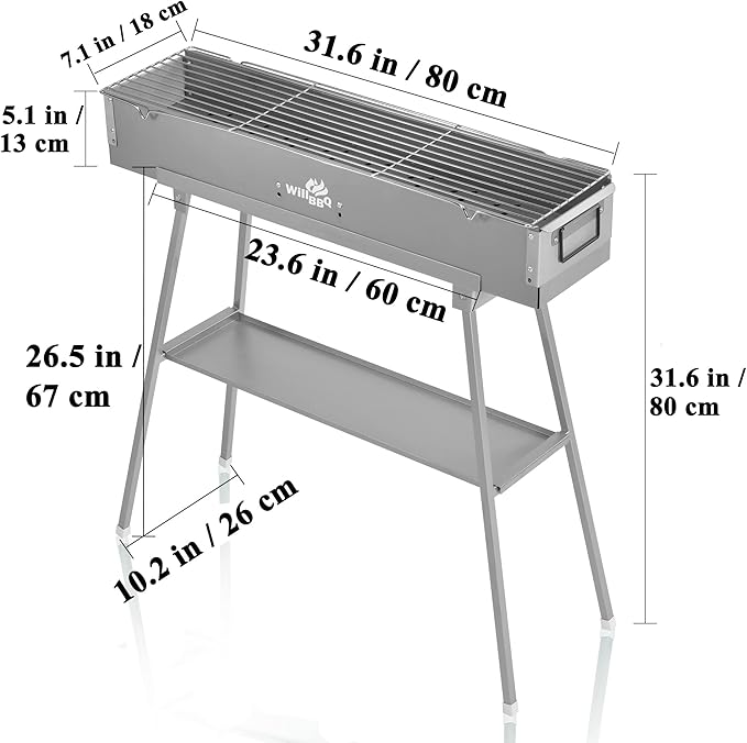 Charcoal Grills Commercial Quality Portable Multiple Size Hibachi BBQ Lamb Skewer Folded Camping Barbecue Grill(31.6x7.1x5.1 inch With Accessories)
