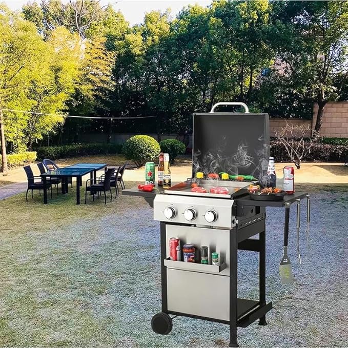 3-Burner Propane Gas Grill, 25,650 BTU Outdoor BBQ Grill with Stainless Steel Warming Rack, Enameled Cooking Grids, Built-in Thermometer & Foldable Side Tables - Portable Design with 6" Wheels