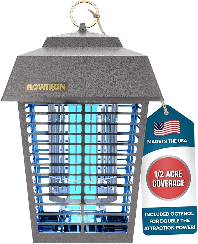 Flowtron Electric Bug Zapper 1/2 Acre Outdoor Insect Control with Dual Lure Method, 15W UV Light & Octenol Attractant for Fly & Mosquito, 5600V Kill Grid, Made in USA, UL Certified - Grey Color