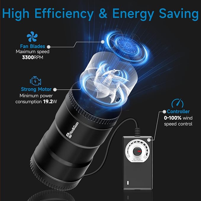 Hon&Guan 6" Air Filtration Kit: 6 Inch Inline Duct Fan with Speed Controller, 12" High Carbon Filter, 8 Ft Ducting & Rubber Coupler, Ventilation System for Grow Tents, Indoor Gardening, Hydroponics