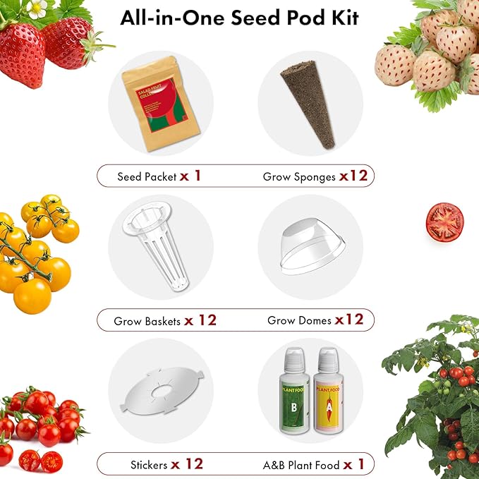 LYKOCLEAN Strawberry Seed Pods for AeroGarden, Ahopegarden, iDOO Hydroponics Growing System, 350 Seeds+ Including Red Cherry Tomato Golden Cherry Tomato, White Strawberry, Red Strawberry (12-Pods)