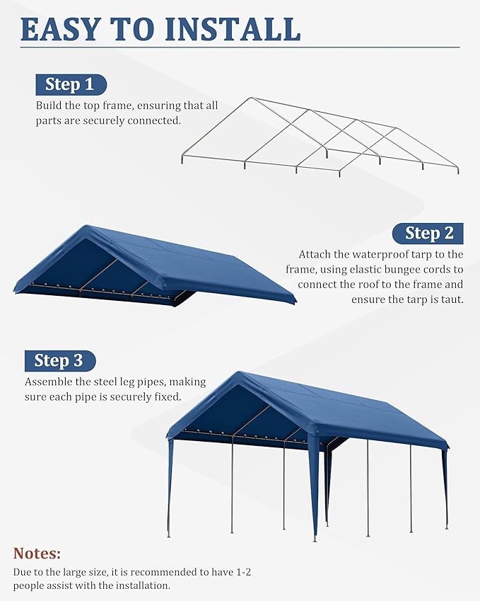 Carport Canopy Replacement Cover 12x20 Heavy Duty Outdoor Portable Car Canopy Oxford Waterproof UV & Tear Resistant Garage Canopy with Ball Bungees (Frame is Not Included)