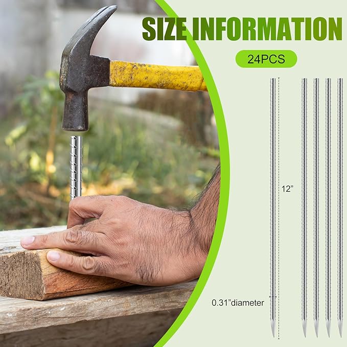 Gisafai 24 Pcs 12 Inch Ground Rebar Stakes Heavy Duty Ground Anchors Steel Plant Support Garden Stake Long Straight Metal Spikes with Chisel Point End for Concrete Timber Garden Plant Tent