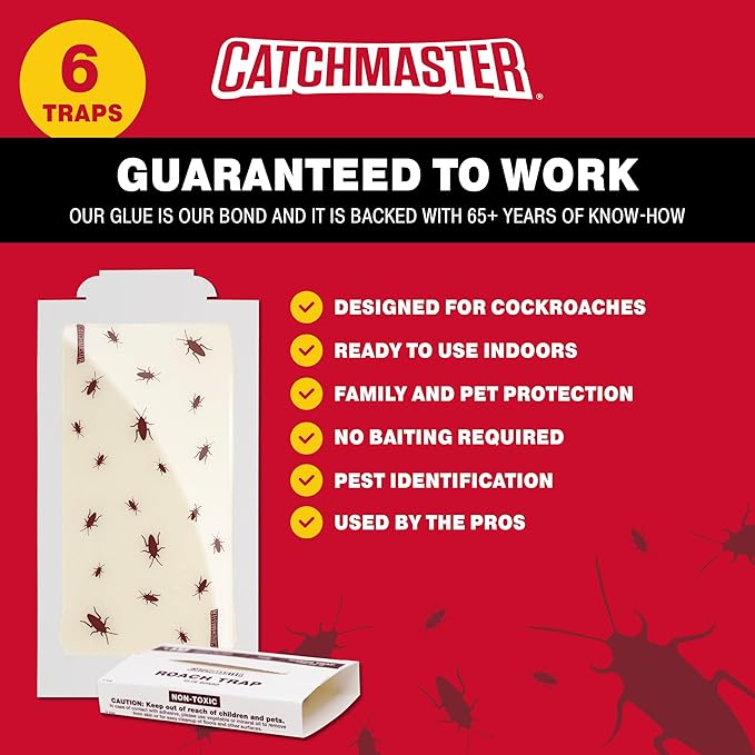 Catchmaster Roach Trap Glue Boards 6-Pk, Adhesive Bug Catcher, Insect & Roach Killer, Scorpion, Spider, Cricket, & Cockroach Traps for Home, Bulk Glue Traps for House & Garage, Pest Control for Home